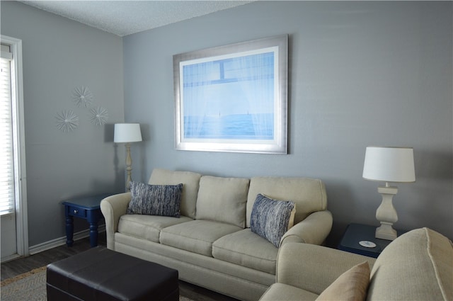 living room featuring hardwood / wood-style flooring, a textured ceiling, and a healthy amount of sunlight