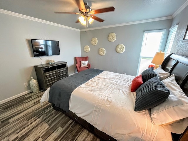 bedroom with wood finished floors, baseboards, a ceiling fan, and ornamental molding