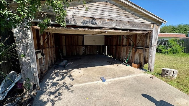 view of patio featuring a garage