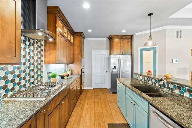 2718 Yeager Dr, Corpus Christi, TX 78410 - kitchen featuring wall chimney exhaust hood, stainless steel appliances, ornamental molding, backsplash, and dark stone countertops