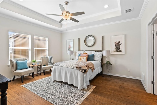 2718 Yeager Dr, Corpus Christi, TX 78410 - bedroom with a raised ceiling, hardwood / wood-style floors, crown molding, a ceiling fan, and recessed lighting