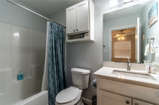 full bathroom featuring vanity, ceiling fan, toilet, and shower / tub combo