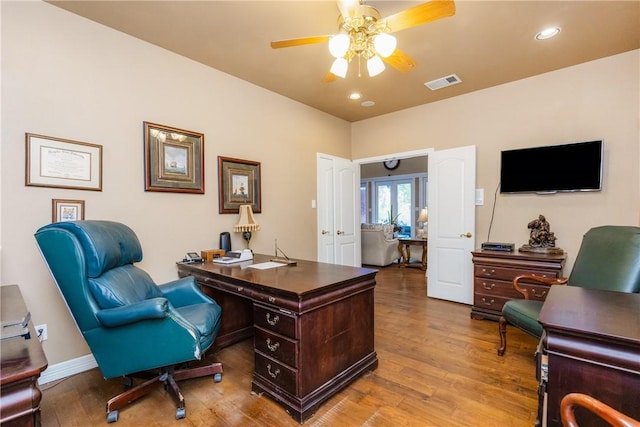 5030 S Oso Pkwy, Corpus Christi, TX 78413 - office area featuring a ceiling fan, wood finished floors, and recessed lighting