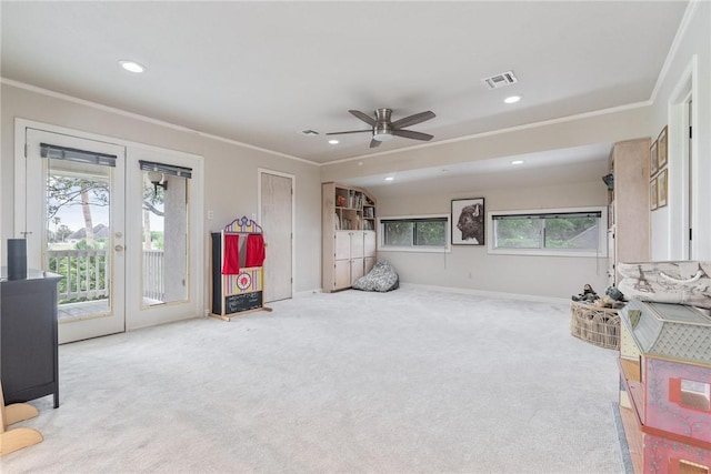 8018 Saint Laurent Dr, Corpus Christi, TX 78414 - living room with french doors, recessed lighting, ornamental molding, carpet, and a ceiling fan