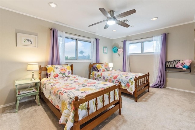 8018 Saint Laurent Dr, Corpus Christi, TX 78414 - bedroom featuring crown molding, baseboards, light colored carpet, recessed lighting, and a ceiling fan