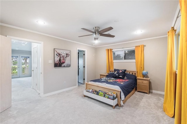 8018 Saint Laurent Dr, Corpus Christi, TX 78414 - bedroom with carpet flooring, ornamental molding, baseboards, recessed lighting, and french doors