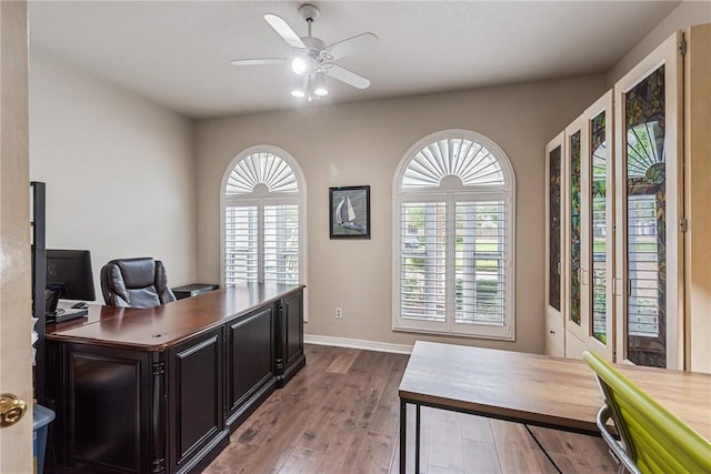 8018 Saint Laurent Dr, Corpus Christi, TX 78414 - office space with a ceiling fan, wood finished floors, and baseboards