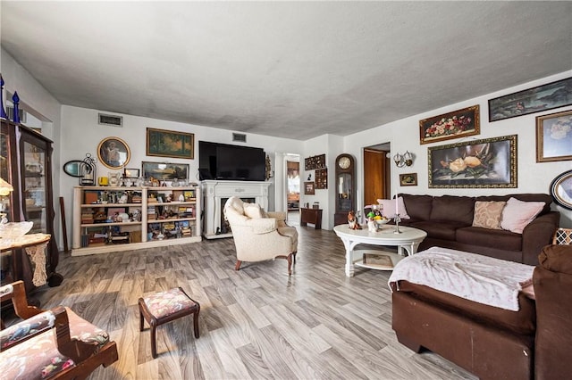 living room featuring wood-type flooring and a textured ceiling