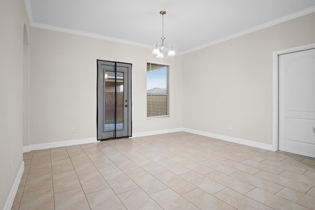 empty room with an inviting chandelier, light tile patterned floors, and ornamental molding