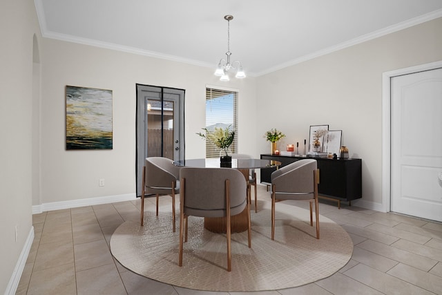 tiled dining space with a chandelier and ornamental molding