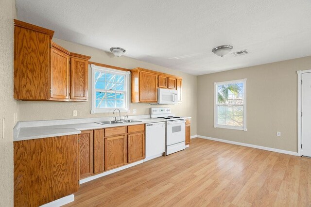 kitchen featuring light wood finished floors, light countertops, visible vents, a sink, and white appliances