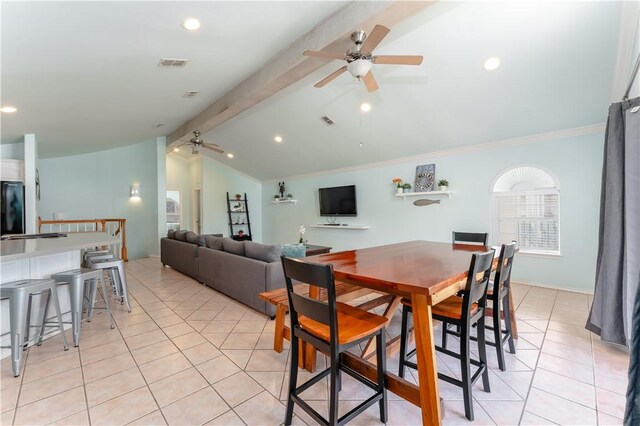 103 E Palmetto Dr Unit B, South Padre Island, TX 78597 - dining area with a ceiling fan, light tile patterned flooring, crown molding, and recessed lighting