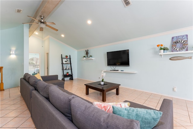 living room featuring ornamental molding, vaulted ceiling with beams, ceiling fan, and light tile patterned floors