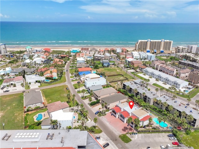 bird's eye view with a view of the beach and a water view