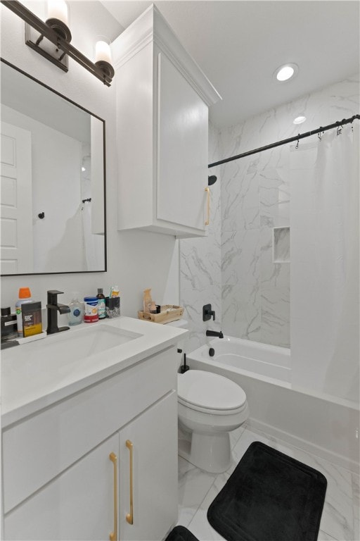 full bathroom with toilet, vanity, and shower / bathtub combination with curtain