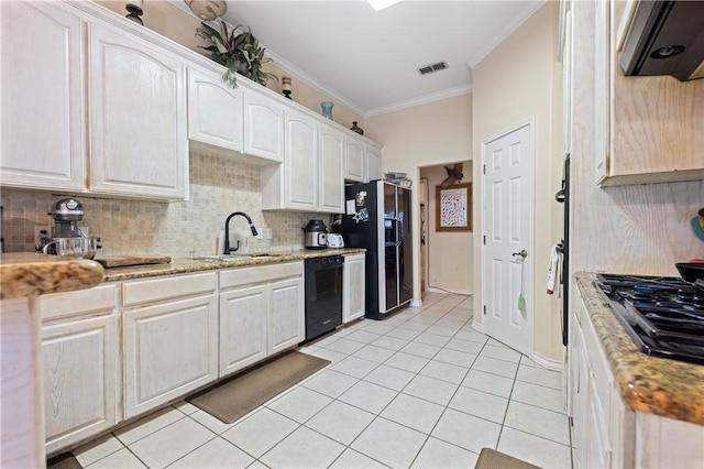 kitchen featuring black appliances, sink, crown molding, decorative backsplash, and light stone counters