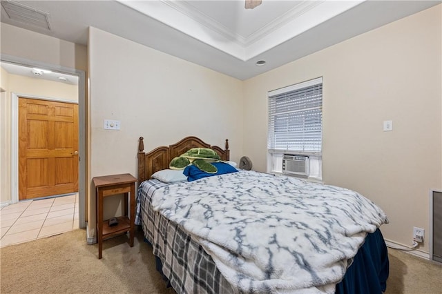 bedroom featuring carpet floors, a raised ceiling, cooling unit, and crown molding