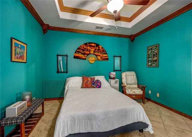 tiled bedroom featuring a raised ceiling, ceiling fan, and crown molding