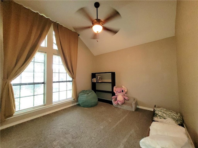 2022 Jenica Dr, Ingleside, TX 78362 - unfurnished room with carpet flooring, ceiling fan, baseboards, and lofted ceiling
