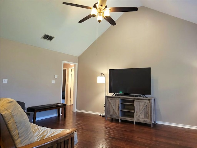 2022 Jenica Dr, Ingleside, TX 78362 - living area featuring ceiling fan, wood finished floors, high vaulted ceiling, and baseboards