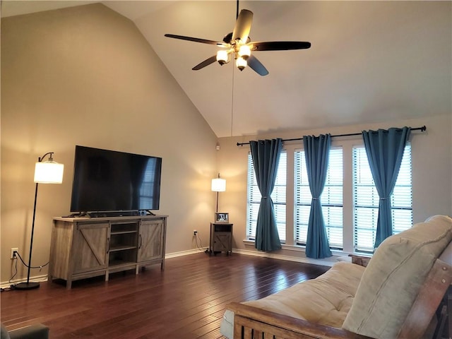 2022 Jenica Dr, Ingleside, TX 78362 - living area with ceiling fan, baseboards, high vaulted ceiling, and hardwood / wood-style floors