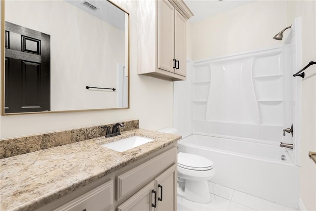 full bath with visible vents, vanity, toilet, and  shower combination