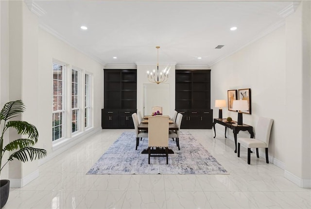 dining space with baseboards, marble finish floor, ornamental molding, and an inviting chandelier