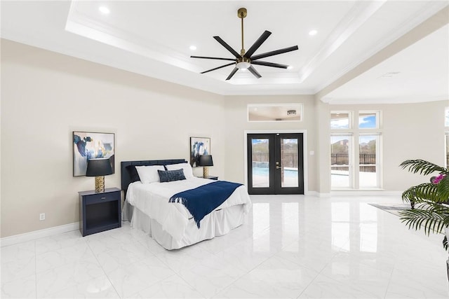 bedroom featuring a raised ceiling, marble finish floor, french doors, crown molding, and baseboards