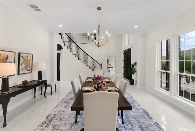 dining area with visible vents, marble finish floor, a chandelier, and stairs