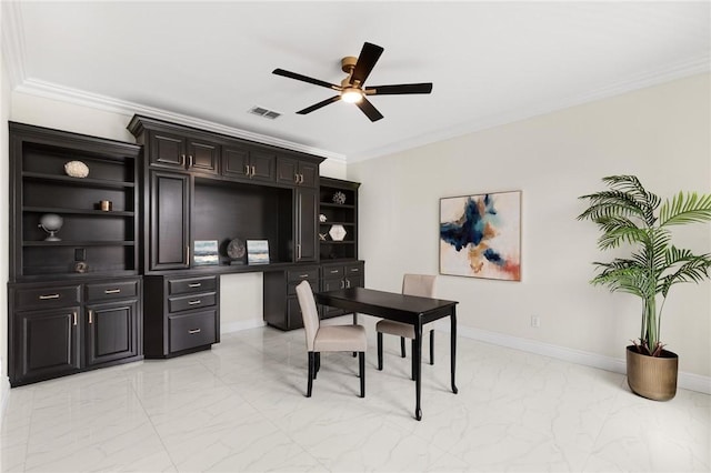 office with ornamental molding, baseboards, marble finish floor, and ceiling fan