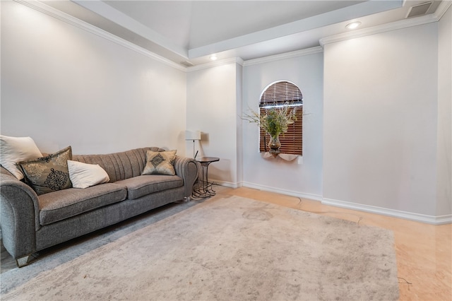 living room featuring crown molding