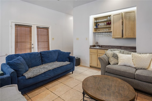 tiled living room with indoor wet bar