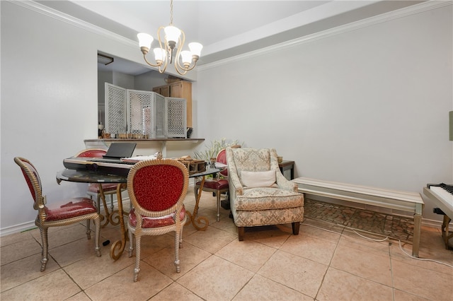 dining area with light tile patterned floors, an inviting chandelier, and ornamental molding