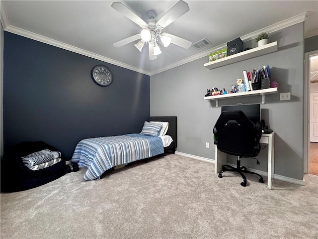 bedroom with crown molding, carpet flooring, ceiling fan, baseboards, and visible vents