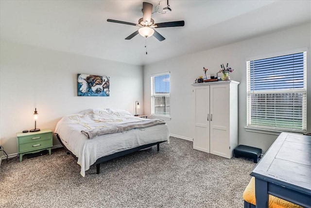 bedroom featuring ceiling fan and carpet floors