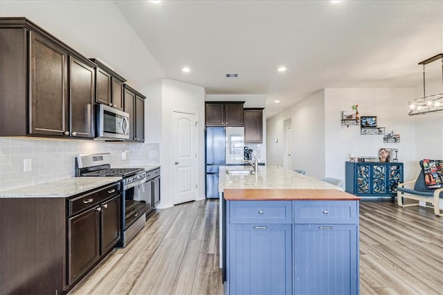 kitchen featuring decorative light fixtures, light hardwood / wood-style floors, decorative backsplash, and stainless steel appliances