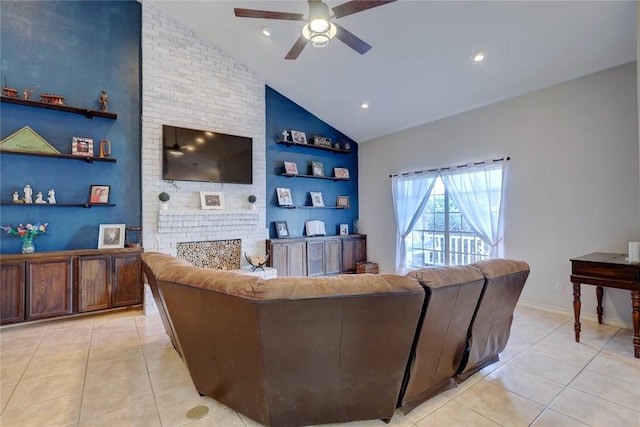 4409 Sue Cir, Corpus Christi, TX 78410 - living room with lofted ceiling, ceiling fan, a brick fireplace, and light tile patterned flooring