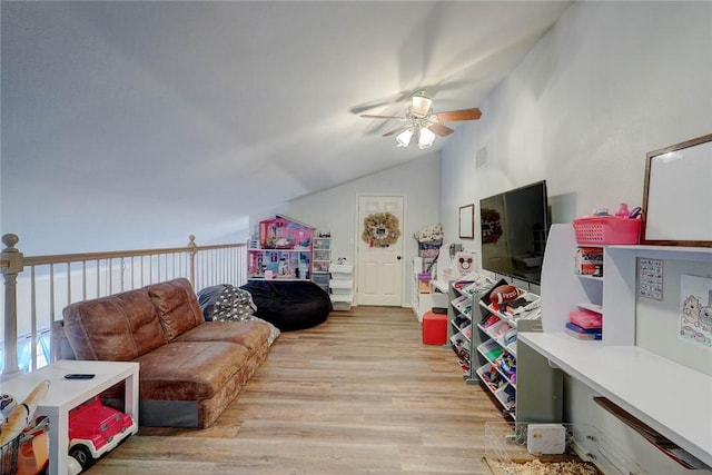 4409 Sue Cir, Corpus Christi, TX 78410 - game room with visible vents, light wood-type flooring, a ceiling fan, and vaulted ceiling