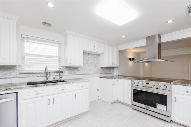 4925 Valley Stream Dr, Corpus Christi, TX 78413 - kitchen with range hood, high end range, a sink, dishwasher, and light stone counters