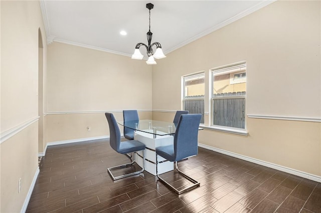 3813 Elvis Dr, Corpus Christi, TX 78414 - dining area with crown molding, wood finished floors, baseboards, a chandelier, and recessed lighting