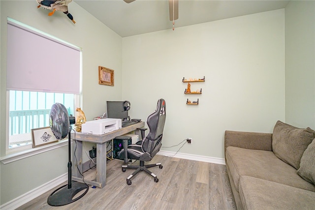 office with ceiling fan and light wood-type flooring