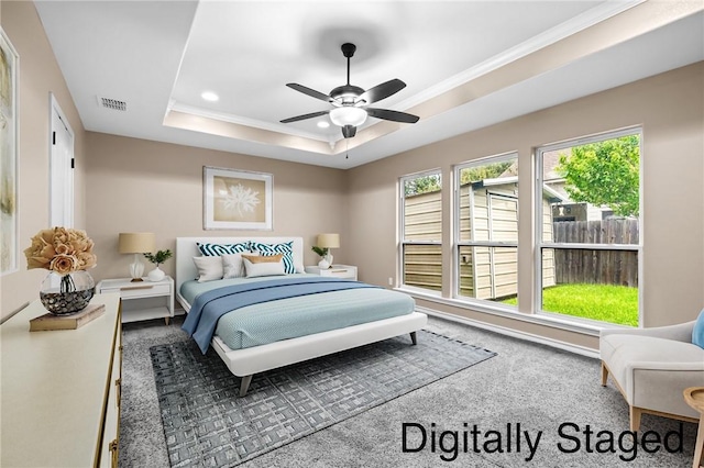 7406 Brush Creek Dr, Corpus Christi, TX 78414 - bedroom featuring a tray ceiling, carpet floors, crown molding, ceiling fan, and recessed lighting