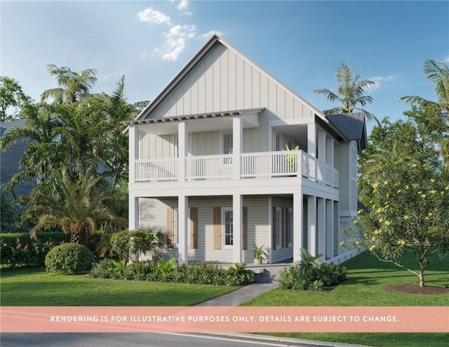 209 S Shore Dr, Port Aransas, TX 78373 - view of front of property with a balcony, board and batten siding, a front lawn, and a porch