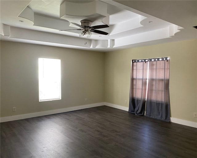 spare room featuring a wealth of natural light, dark wood-type flooring, and a raised ceiling