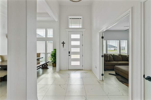 foyer featuring ornamental molding and a towering ceiling