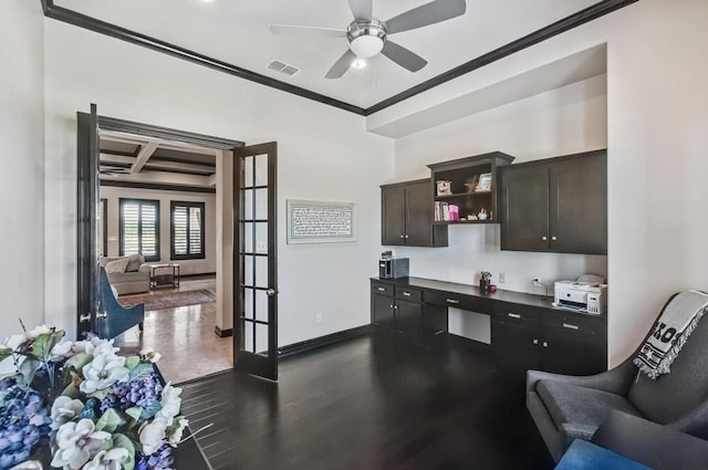 5716 S Oso Pkwy, Corpus Christi, TX 78414 - office area featuring crown molding, a ceiling fan, baseboards, dark wood finished floors, and french doors