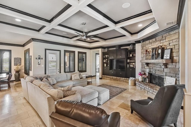 5716 S Oso Pkwy, Corpus Christi, TX 78414 - living area featuring ornamental molding, ceiling fan, beam ceiling, coffered ceiling, and a stone fireplace