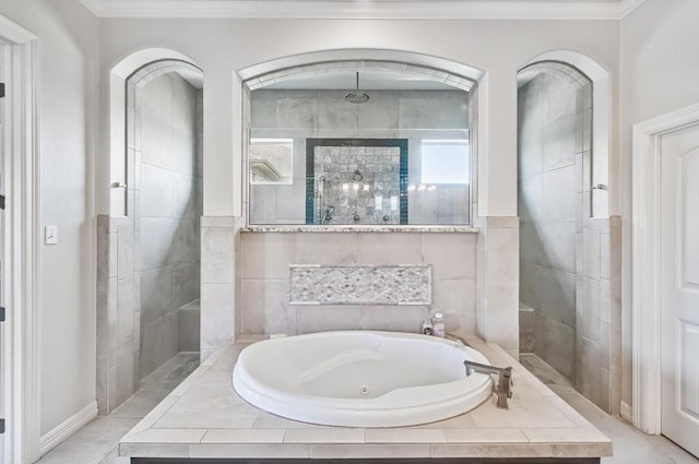 5716 S Oso Pkwy, Corpus Christi, TX 78414 - bathroom featuring a tub with jets, ornamental molding, and walk in shower