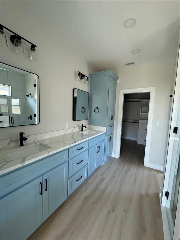 bathroom with vanity, wood-type flooring, and walk in shower