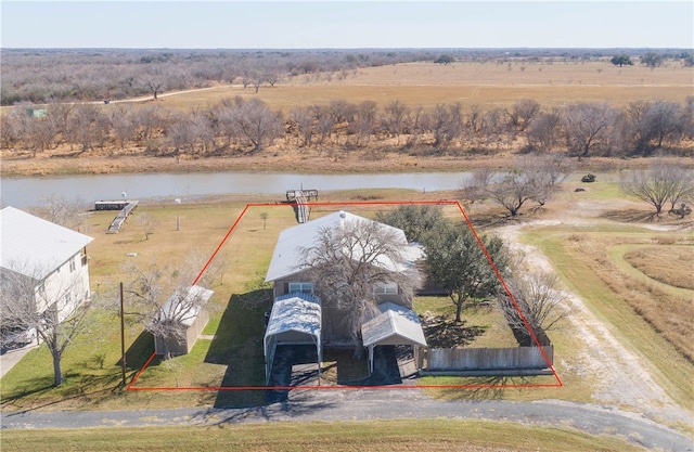 bird's eye view featuring a rural view and a water view